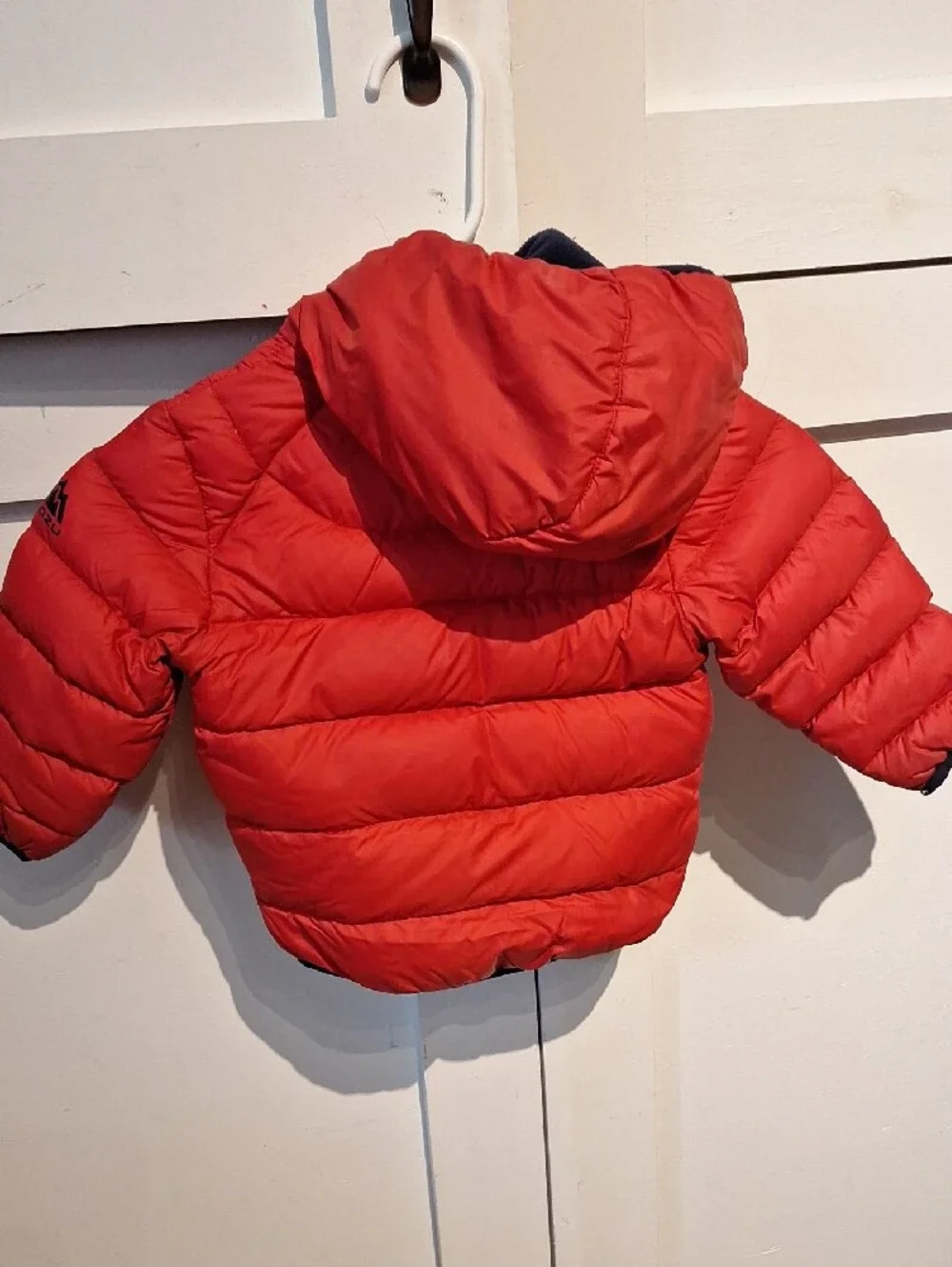Snozu Red Hooded Puffer Jacket with Navy and Blue Stripes